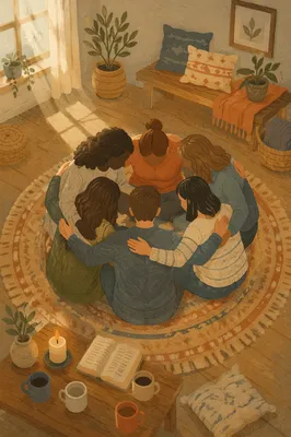 Overhead Friends Group Hug After Faith Gathering
