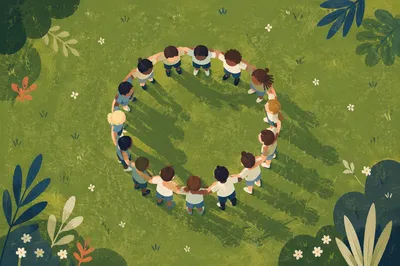 Aerial Friends Group Hug on Green Lawn