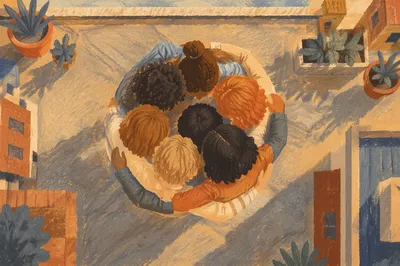 Overhead Friends Group Hug at Golden Hour
