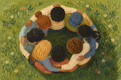 Overhead Friends Group Hug on Grass