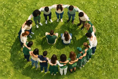 Overhead Friends Group Hug on Green Lawn