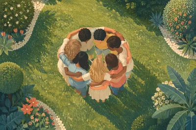Friends Group Hug Circle on Green Lawn