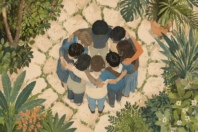 Friends Group Hug Circle Above Garden