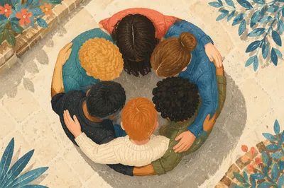 Overhead Friends Group Hug in Circle