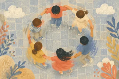 Overhead Friends Circle Hug in Motion
