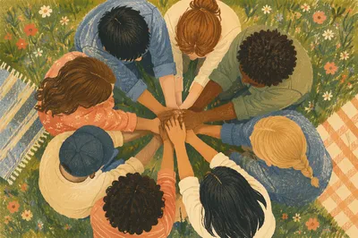 Friends Group Hug Circle in Sunlit Meadow