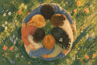 Overhead Friends Hug in Sunlit Meadow
