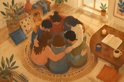 Overhead Friends Hug After Faith Gathering