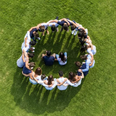 Overhead Friends Group Hug on Green Lawn