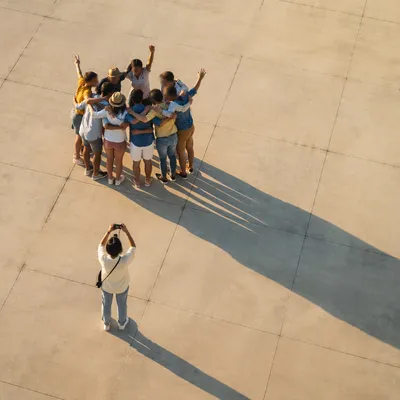 Joyful Friends Group Hug From Above