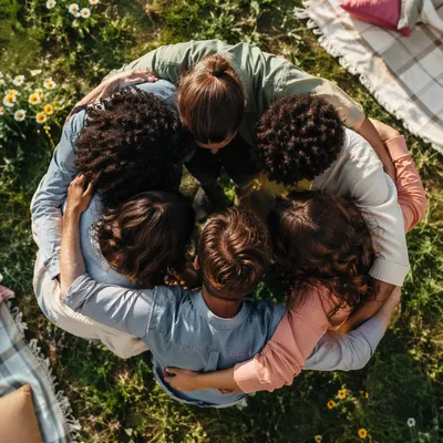 Friends Group Hug Circle in Sunlit Park