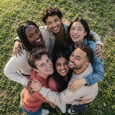 Diverse Friends Group Hug From Above