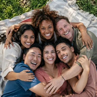 Six Friends Hugging on Picnic Blanket