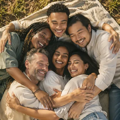 Friends Group Hug on Picnic Blanket