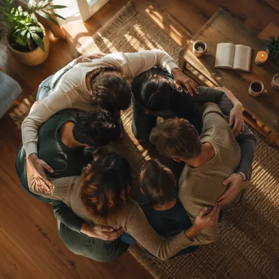 Overhead Friends Circle Hug in Warm Living Room