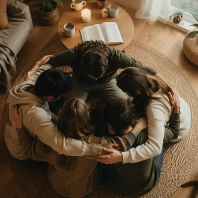 Friends Group Hug After Faith Gathering