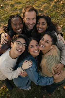 Six Friends Hugging in Park Circle