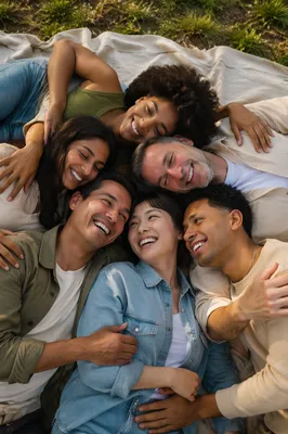 Six Friends Hug Circle on Blanket
