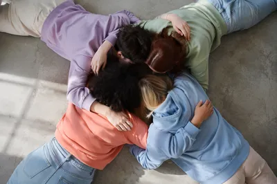 Overhead Circle of Friends in Pastel Hoodies