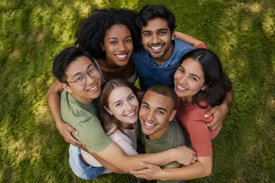 Six Friends Hugging in Park Circle