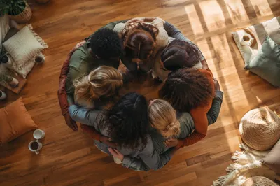 Overhead Friends Group Hug in Community Room