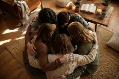 Overhead Friends Prayer Circle Hug