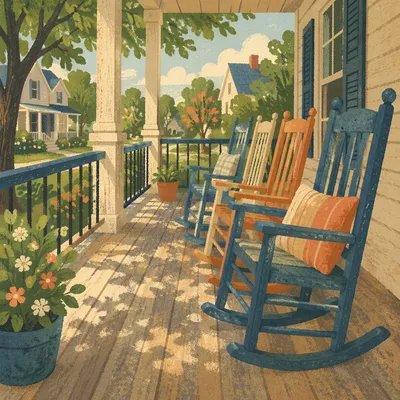 Peaceful Front Porch Rocking Chairs in Sunlight