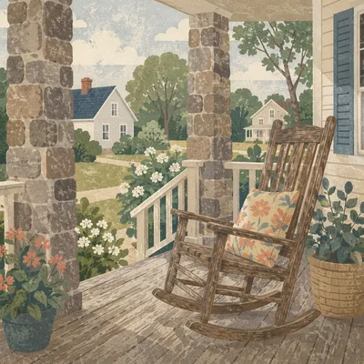 Peaceful Front Porch Rocking Chair Scene