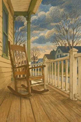 Peaceful Front Porch Rocking Chair Scene