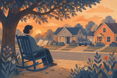 Peaceful Front Porch Rocking Chair at Sunset