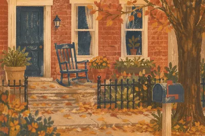 Peaceful Autumn Front Porch Rocking Chair