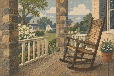 Peaceful Front Porch Rocking Chair Scene