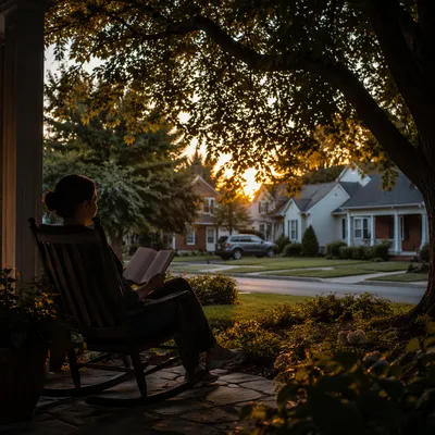 Peaceful Front Porch Rocking Chair at Sunset