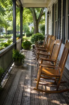 Peaceful Front Porch Rocking Chairs in Sunlight
