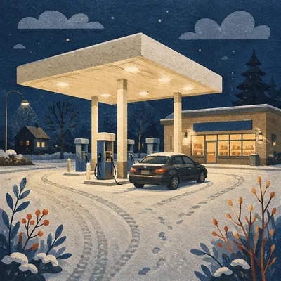 Evening Car Fueling at Snowy Gas Station