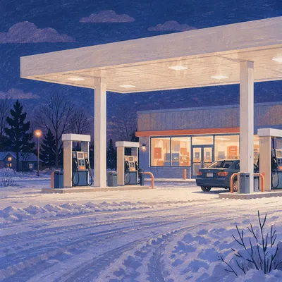 Winter Evening Car Fueling at Gas Station