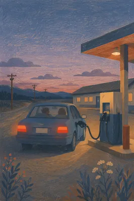 Evening Car Fueling at Rural Gas Pumps