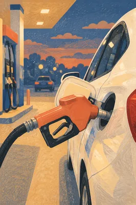 Evening Car Fueling at Gas Station