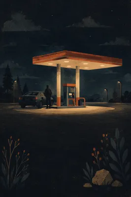 Evening Car Refueling at Quiet Roadside Station
