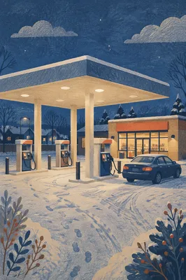 Evening Car Fueling at Snowy Gas Station