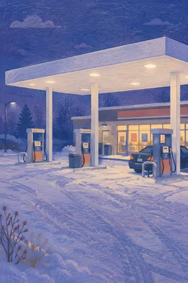 Evening Car Fueling at Snowy Gas Station