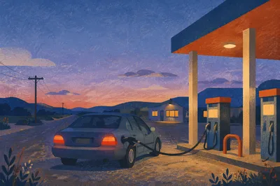 Evening Car Fueling at Rural Gas Station