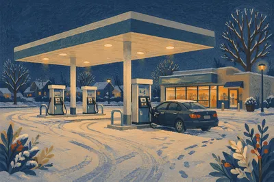 Evening Car Fueling at Snowy Gas Station