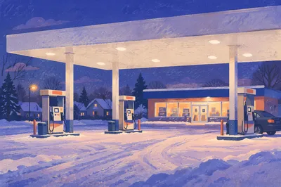 Winter Evening Gas Station Fueling Scene