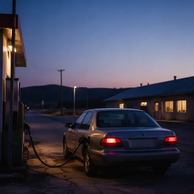 Evening Car Fueling at Rural Gas Pumps