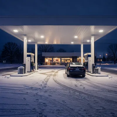 Evening Car Fueling at Snowy Gas Station