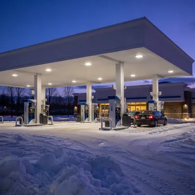 Quiet Winter Gas Station at Blue Hour