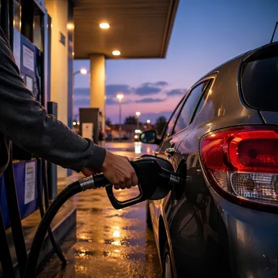 Evening Car Fueling at Suburban Gas Station
