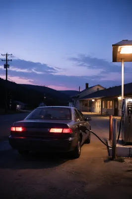 Evening Car Fueling at Rural Gas Station