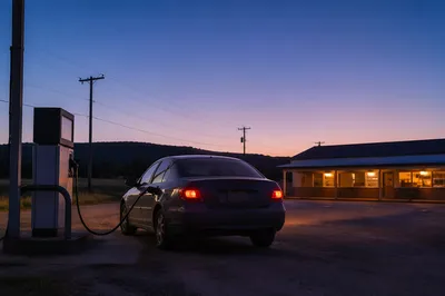 Evening Car Fueling at Rural Gas Station